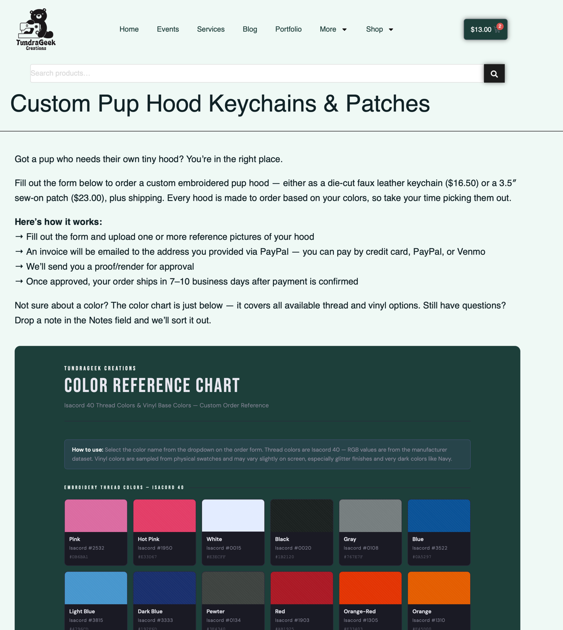 Screenshot of the custom pup hood keychains and patches order form