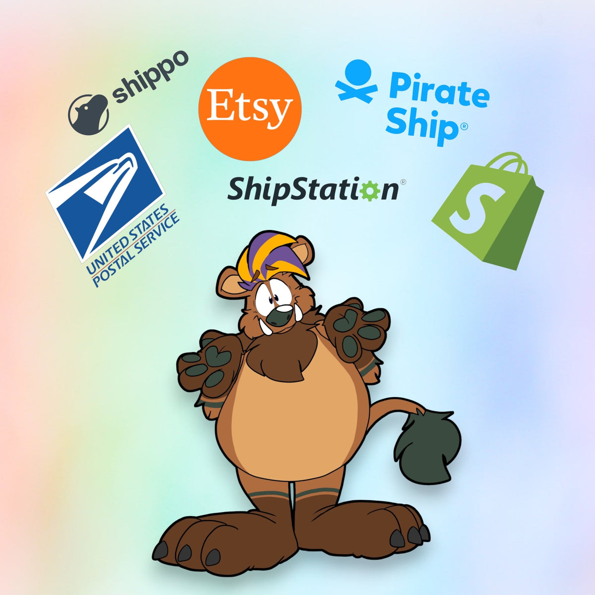 Binky, the TundraGeek Creations boar-bear mascot, shrugging with a baffled expression, surrounded by floating logos for Shippo, USPS, Etsy, Pirate Ship, ShipStation and Shopify.