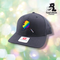 A black Richardson baseball cap with a colorful rainbow-striped Alaska state map embroidery and paintbrush design.
