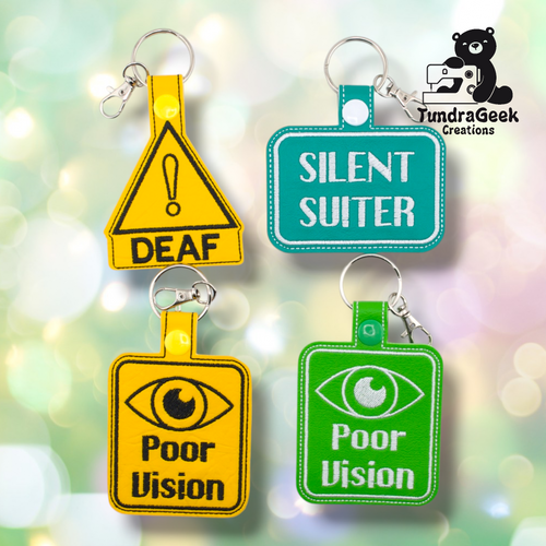 Four embroidered keychains are shown, labeled DEAF, SILENT SUITER, and Poor Vision in yellow and green, with a sewing-themed logo in the top right corner.