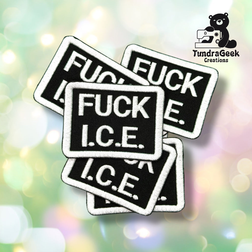 Five black and white patches with the phrase FUCK I.C.E. displayed, with the TundraGeek Creations logo in the top right corner.