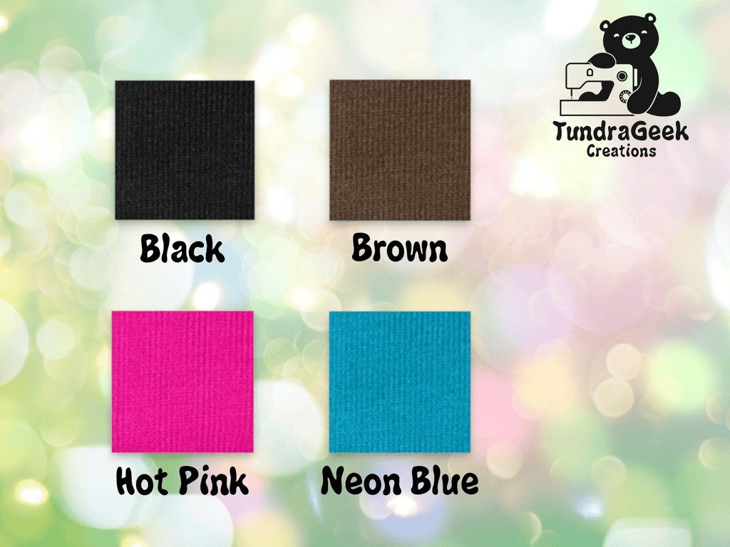 Four fabric swatches labeled Black, Brown, Hot Pink, and Neon Blue on a blurred light background, with the TundraGeek Creations logo in the top right corner.