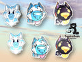 Six die-cut sticker designs featuring cartoon furred animal faces are arranged on a soft pastel sky background. The designs include light blue and white wolf/fox heads and black/yellow/orange creature heads.