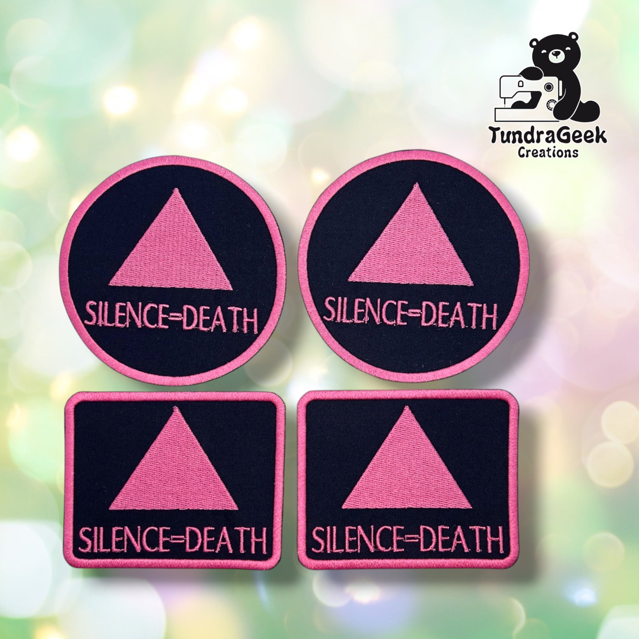 Four Silence=Death patches grouped together — two round and two rectangular — each showing a pink triangle above pink "SILENCE=DEATH" lettering on a black background with a pink merrowed edge.