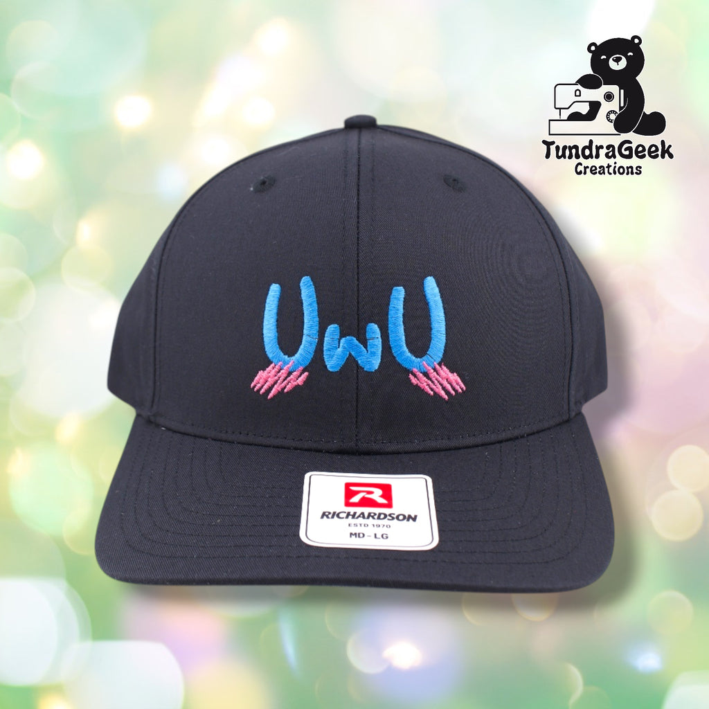 A black Richardson baseball cap with blue and pink embroidered emoticon design and Richardson brand label displayed against a soft, blurred bokeh background.