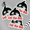 Four embroidered patches featuring an orca and the phrase Eat the Rich in red text, displayed on a black and white wavy background.