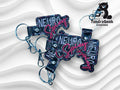 Three glittery keychains with the words Neuro Spicy in bold letters, displayed on a wavy white background with the TundraGeek Creations logo in the top right corner.