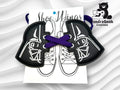 A pair of black Darth Vader-themed shoe accessories with purple laces displayed on a card featuring an outline of sneakers, with the TundraGeek Creations logo in the corner.