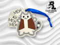 Embroidered keychain featuring a cartoon cat holding a sign that says MEW SO MEW MEW; blue ribbon; TundraGeek Creations logo in the corner.