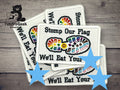 Four embroidered patches with a boot print design and the text “Stomp Our Flag We’ll Eat Your...” partially covered by large blue stars. A bear logo with TundraGeek Creations is in the top left.