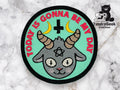Embroidered patch with a goat head, upside-down cross, pentagram, two crescent moons, and the text TODAY IS GONNA BE MY DAY on a marble surface. TundraGeek Creations logo in corner.