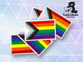 Embroidered progress pride flag patches overlap against a geometric pastel background, with the TundraGeek Creations logo featuring a bear and sewing machine in the top right corner.