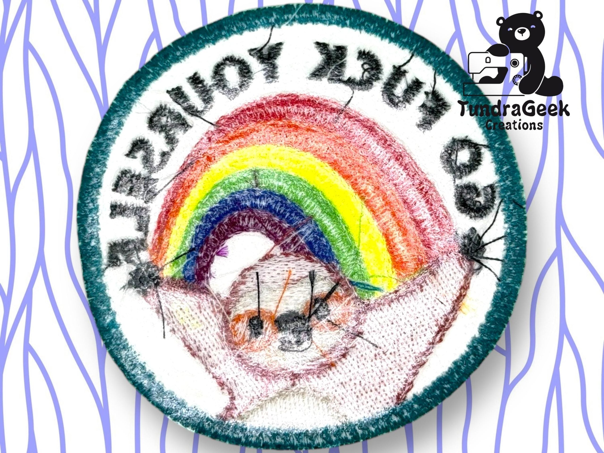 Embroidered patch featuring a sloth under a rainbow with the reversed text GO FUNK YOURSELF; background has wavy blue lines and a black bear logo labeled TundraGeek Creations.