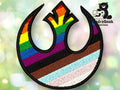 An embroidered patch features the Star Wars Rebel Alliance symbol in Pride flag colors, including rainbow, brown, black, light blue, pink, and white stripes.